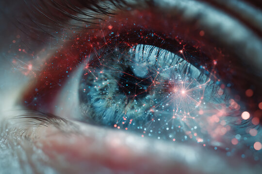Close-up of eye with red and blue light network, creating a connection concept. Symbolizes digital world, technology, and vision