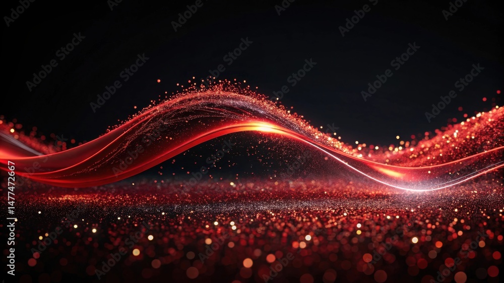Aufkleber Abstract Red Glowing Wave with Sparkling Particles, a Dynamic and Elegant Design for Modern Presentations