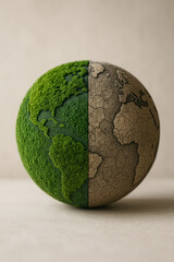climate change concept, sustainable earth image, green moss globe, cracked dry earth, global warming visual, environmental contrast art, eco crisis representation, save the planet theme, nature vs des