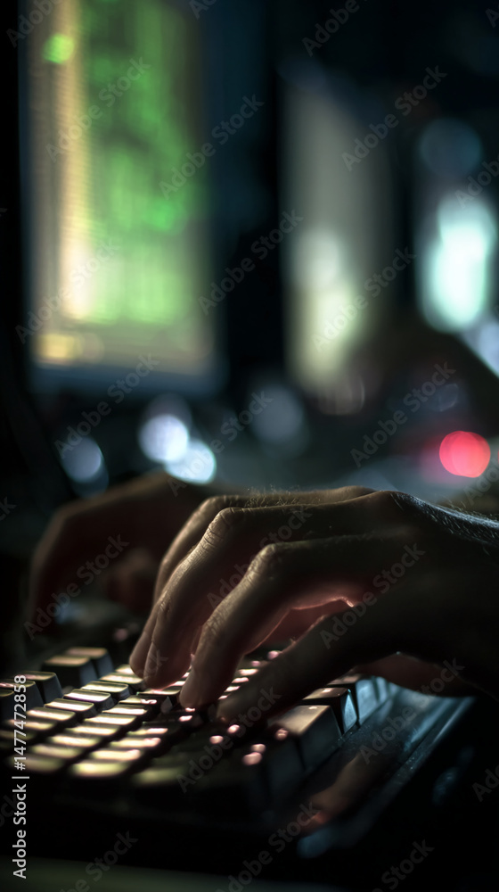 Aufkleber close-up of hands typing on keyboard at night, illuminated screen in background, suggesting late-nig