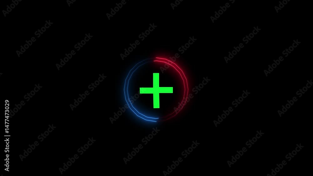 Poster neon add icon green plus red color black background