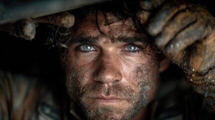 Obraz premium Close up portrait of serious man with grime on face