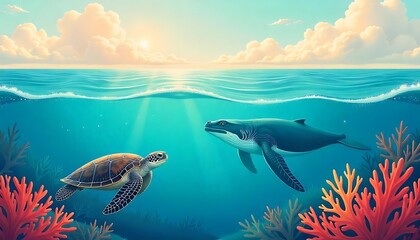 marine life postcard, flat-design postcard with bold marine animals like turtles and whales swimming in stylized waves, and a faded cloud-filled sky for custom text, created with generative ai