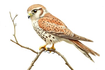 A wild kestrel perched on a thin branch, with its striking plumage visible against a white backdrop