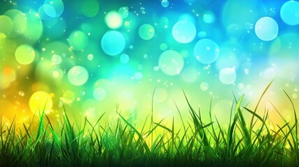 Obraz premium Abstract Spring Background with Grass and Bokeh Lights in Blue Green and Yellow Tones Nature Scene