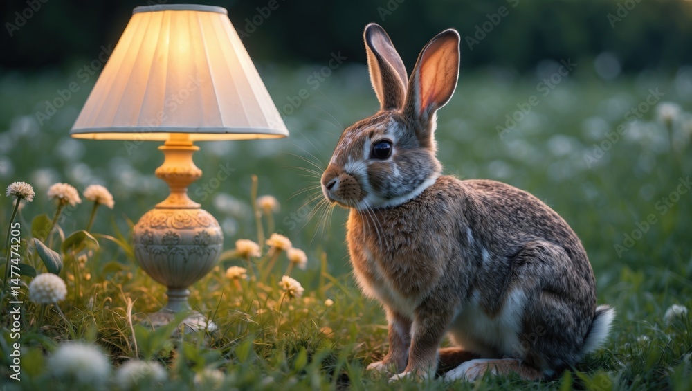 Poster a serene rabbit illuminated by a warm lamp in a grassy field filled with dandelions during twilight