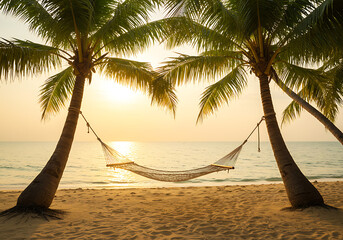 Serene Sunset Hammock Between Palm Trees on Sandy Beach