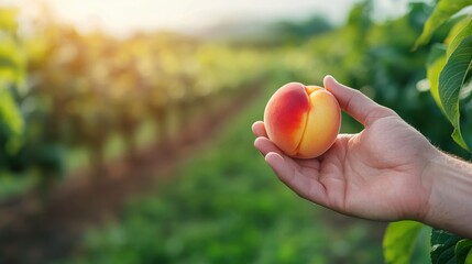 Farmer Holding Perfectly Ripe Peach in a Beautiful Orchard Setting During Daylight