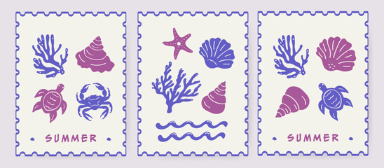 Obraz premium The summer-themed stamp designs feature marine elements, shells, coral, starfish, a turtle, and a crab set against a purple and blue hue. The wavy border resembles a postage stamp, featuring 