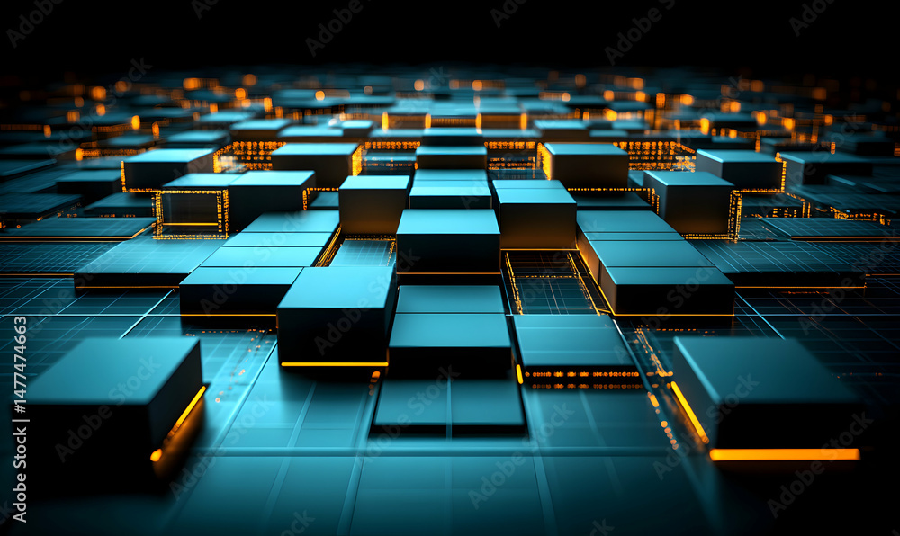 Poster abstract 3d rendering of glowing blue and orange cubes forming a futuristic digital grid, perfect fo
