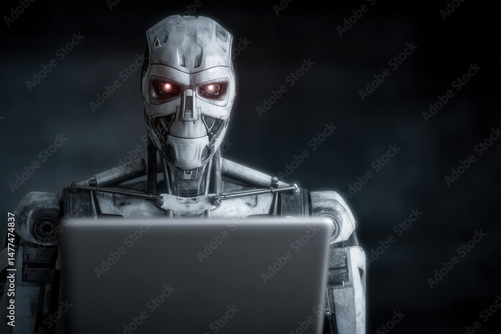 Aufkleber advanced humanoid robot engaging intently with a laptop amidst a dimly lit futuristic environment sh