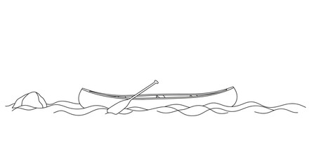 Simple Line Drawing of a Canoe on Water with a Rock