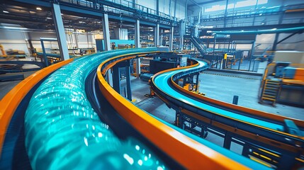 Fototapeta premium conveyor belt transporting empty PET bottles to a filling station where purified water is dispensed at high speed. PET, bottle, conveyor, belt, transporting, empty, filling, station, purified, 