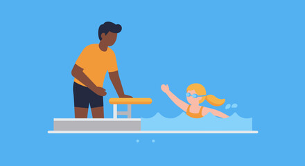 Stylized darkskinned man in orange shirt leaning on yellow and white table