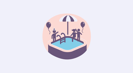 Stylized Party Scene with Balloon Party Hat and Poolside Celebration