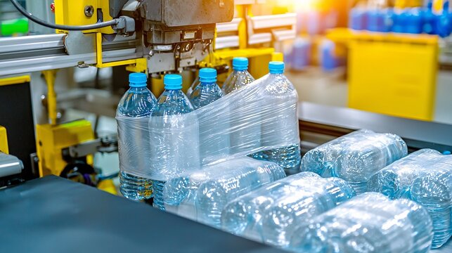 shrink-wrapping machine bundling multiple PET water bottles into six-packs with plastic film for retail packaging. PET, bottle, shrink-wrapping, machine, bundling, six-pack, plastic, film, retail, 