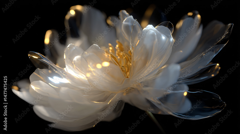 Poster translucent ethereal bloom with a golden core hyperreal macro artwork