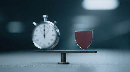 Time Balance and Shield: A conceptual image of time and security with a shield and a stopwatch, carefully balanced on a seesaw, conveying the value of protection, swift action.