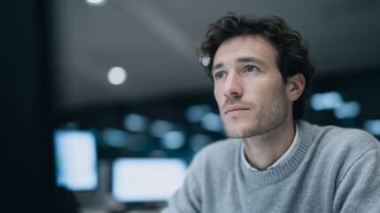 Obraz premium Contemplative Man in Thought: A focused individual gazes thoughtfully into the distance, immersed in deep contemplation, capturing the essence of introspection and critical thinking.