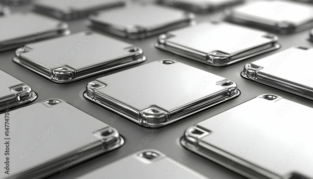 Poster Abstract close-up of metallic square components arranged in a grid pattern, suggesting technology, precision, and advanced manufacturing.