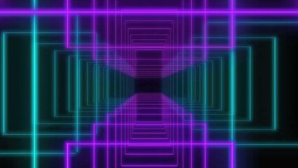 Glowing neon squares creating an endless tunnel effect