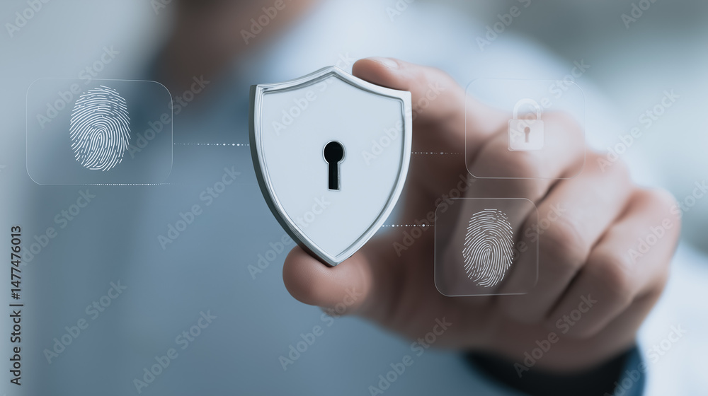 Poster shielding data: a person's hand delicately presents a secure shield icon, intertwined with elements 