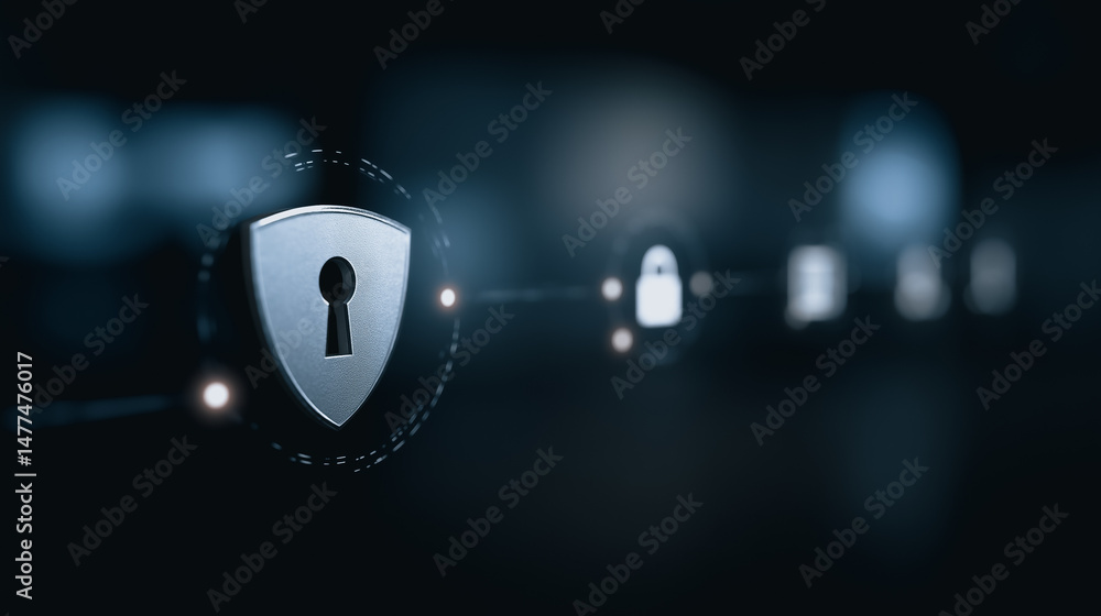Poster digital shield of security: the image showcases a digital shield, a powerful symbol of protection in