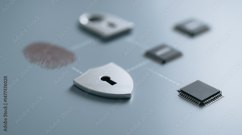 Poster cybersecurity: digital protection and biometric authentication represented by lock and fingerprint.