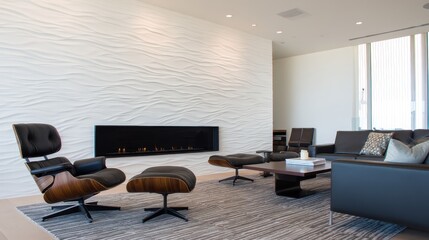 Modern living room with stylish furniture, a sleek fireplace, and textured wall design