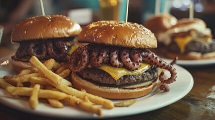 A white platter holds three small sandwiches on the right, each topped with a skewer.