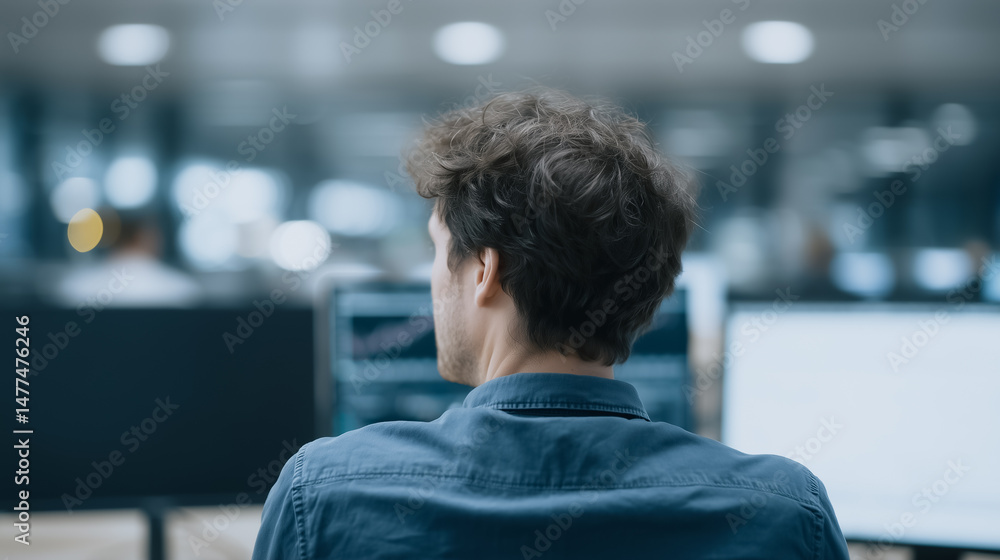 Poster focused analysis: a dedicated analyst is engrossed in market data, examining complex charts on multi