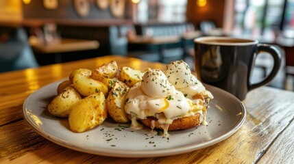 A plate featuring Eggs Benedict, consisting of toasted English muffins topped with poached eggs and drizzled with creamy hollandaise sauce.
