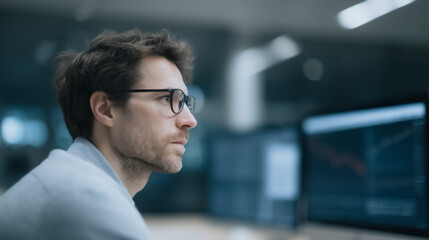 Focused Analyst: A pensive man with glasses intently studies data on a computer screen, showcasing concentration and deep analytical thinking in a modern office environment.