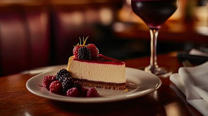 A slice of cheesecake topped with a strawberry and whipped cream is served on a white plate, alongside a colorful assortment of fresh raspberries, blueberries, and blackberries.