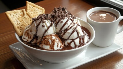 A delectable dessert in a white bowl features a scoop of vanilla ice cream topped with rich chocolate fudge, surrounded by chunks of brownie.
