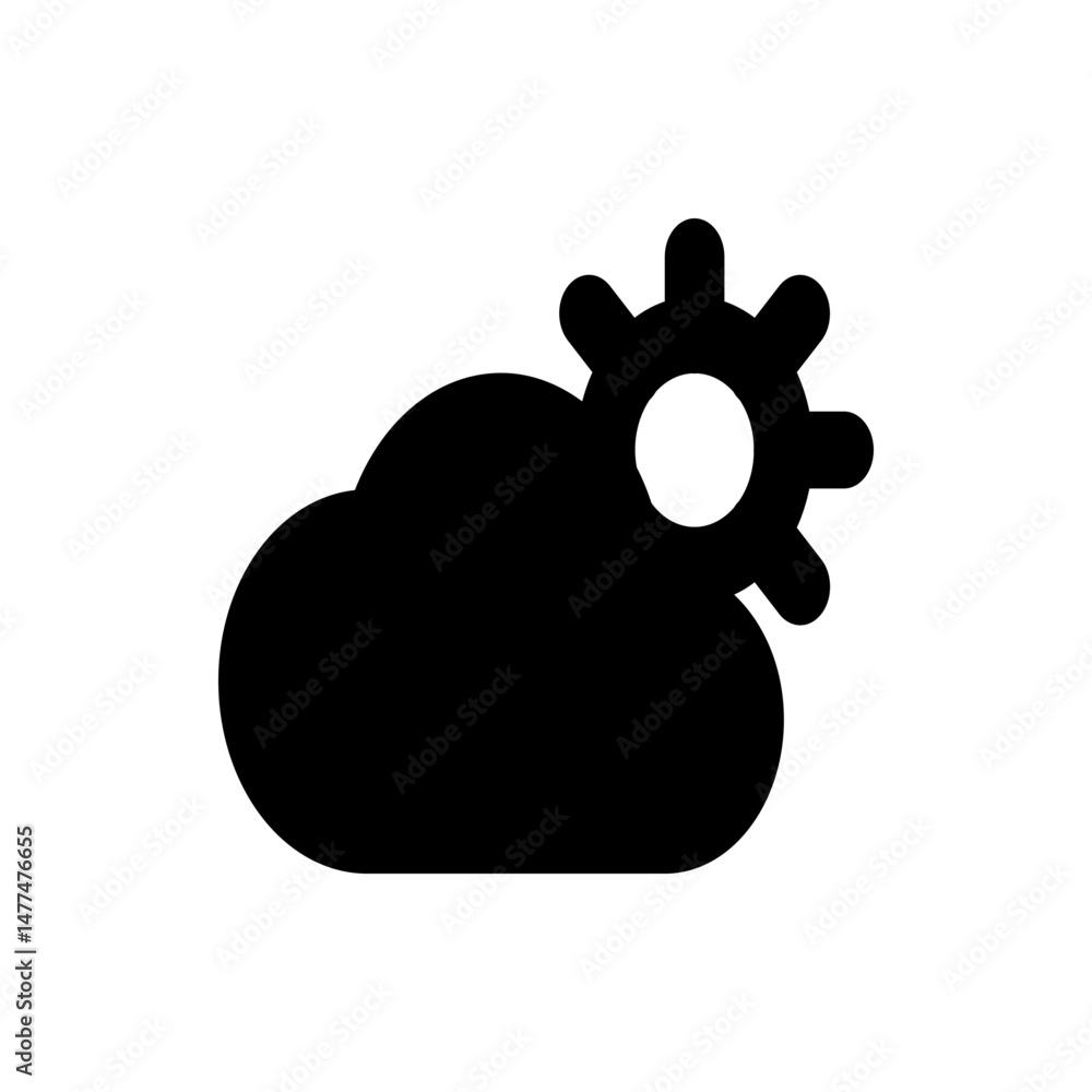 Poster black cloud shape with a gear or flower like shape overlapping it in a simple vector illustration