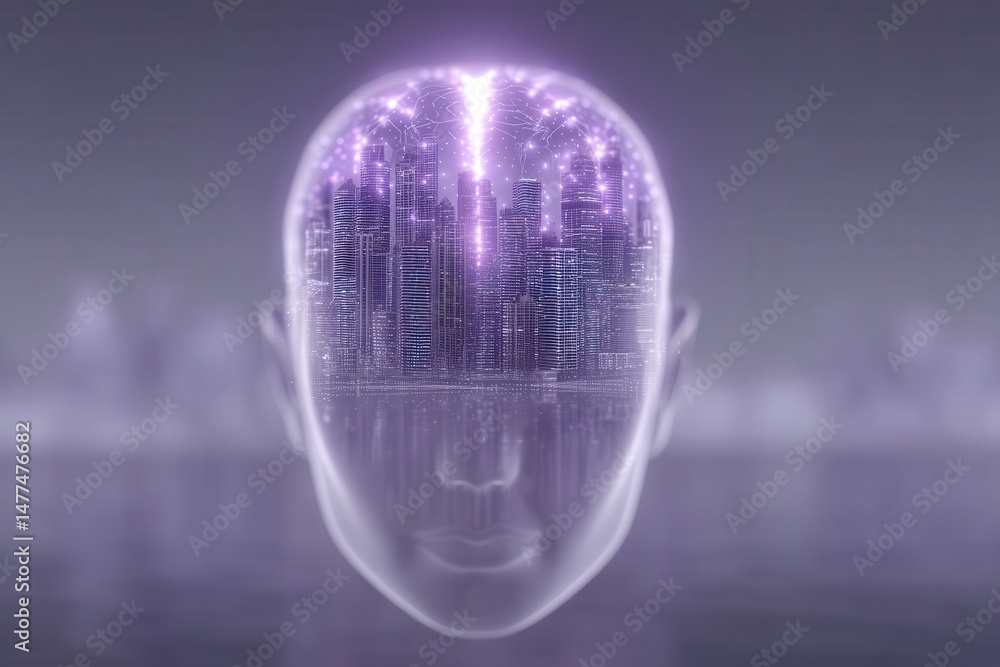 Poster the ethereal connection between human consciousness and advanced urban architecture illustrates the 