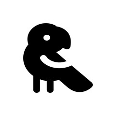 Silhouette of a stylized bird with a round head, small legs, and a curved body in a simple black design