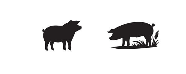 Set of three pig silhouettes in profile, each with distinct body shapes and features, isolated on a white background for agricultural or design use