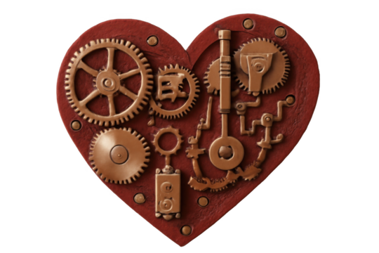 Red Heart Shaped Design Featuring Bronze Gears and Components - Powered by Adobe