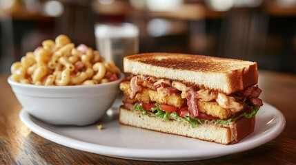 A close-up view of a plate featuring a freshly made sandwich with toasted bread, layers of crispy bacon, fresh lettuce, and tomato, held together by two wooden picks.