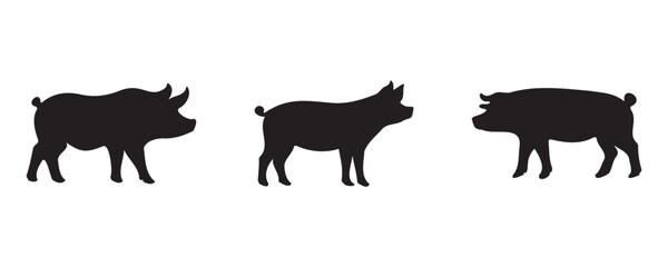 Three different pig breed silhouettes shown side by side in black, representing variations in body shape and type, ideal for farming or butcher-related visuals