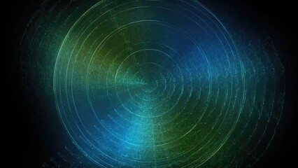 Abstract blue and green concentric circles forming a digital network on black background