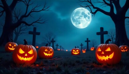 Jack O' Lanterns In Graveyard In The Spooky Night - Halloween Backdrop, created with generative ai	