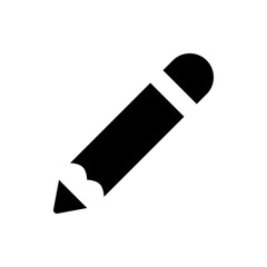 A black pencil with a white stripe near the eraser, angled diagonally on a white background, simple icon style