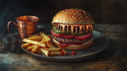 A mouth-watering cheeseburger topped with melted cheese and fresh lettuce, served in a toasted brioche bun.