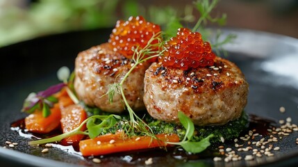 A close-up of a white plate featuring slices of seared tuna, crusted with black and white sesame seeds.