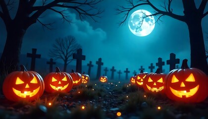 Fototapeta premium Jack O' Lanterns In Graveyard In The Spooky Night - Halloween Backdrop, created with generative ai 