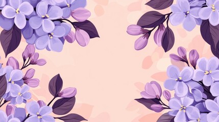 Fototapeta premium Floral frame of violet blossoms with purple leaves on a peach background illustration flat lay for spring design