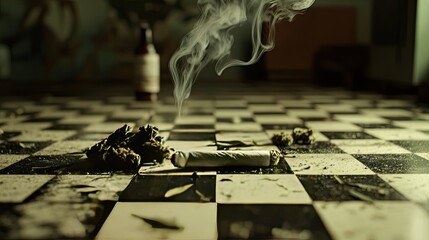 A close-up image of a chessboard surface scattered with cannabis buds and ground marijuana.